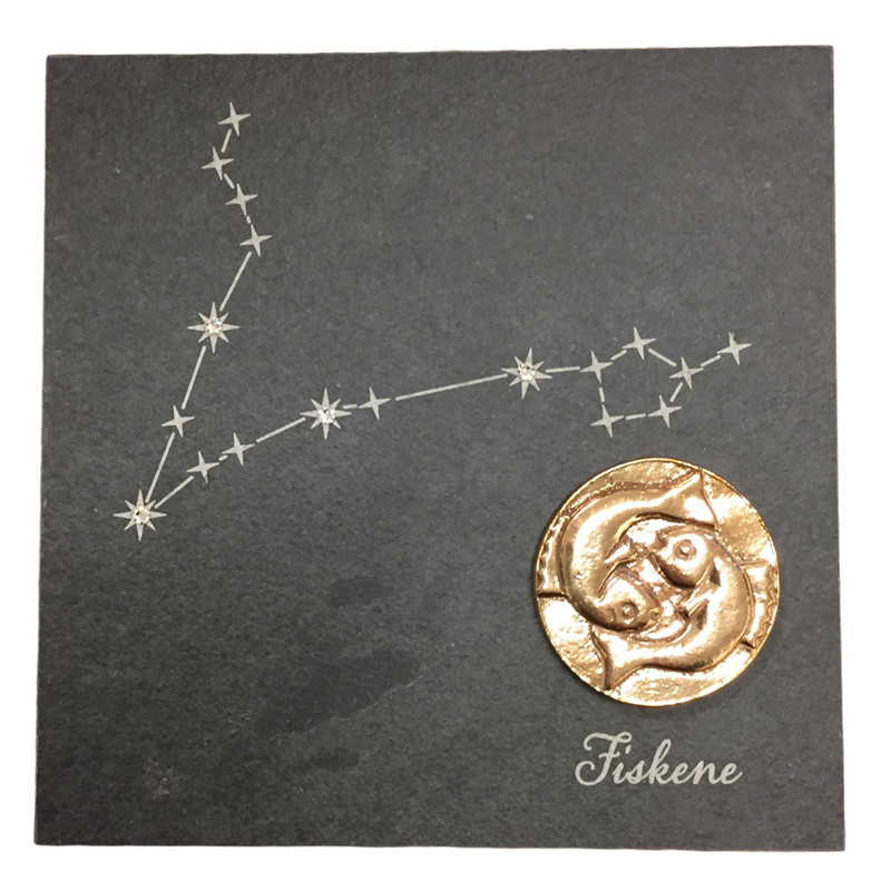 Billede af Stjernetegn 14,5 x 14,5 cm billede 399,- kr. Skifer, bronze, swarovski krystaller. Alletiders gaveide. - stjernetegn Fisk 19.02-20.03