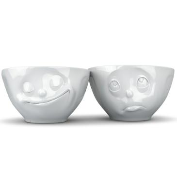 2 hvide humørskåle  i porcelæns med ansigtsudtryk 