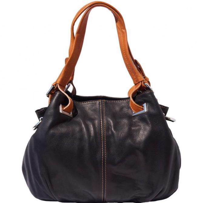 Håndtaske i fed italiensk sort læder med brune remme