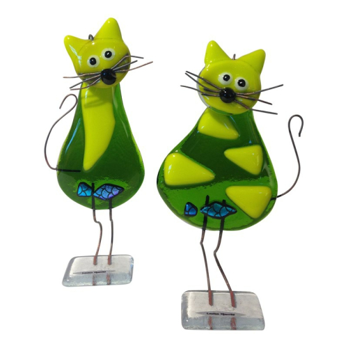 Billede af Glasfigurer grønne katte med fisk i maven, sæt. Flot pynt til hjemmet og alletiders gaveide.