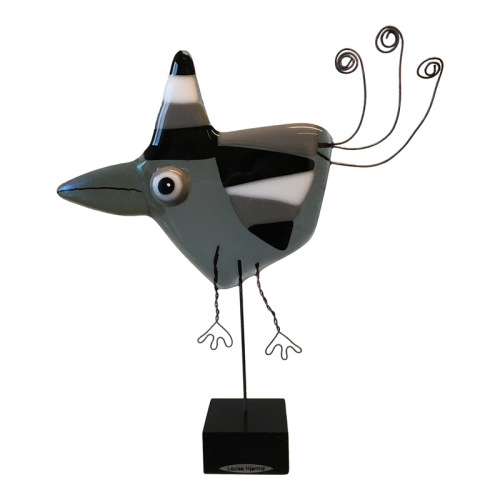 Billede af Glasfigur fugl i sorte og grå farver. Festlig glasfugl med tophat, højde ca. 20 cm.