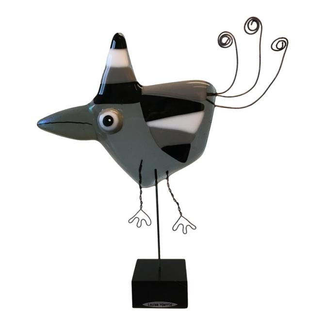 Glasfugl i grå og sorte farver - flot glasfigur