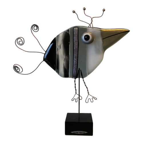 Billede af Glasfigur fugl i grå og sorte farver. Fantasifuld håndlavet glasfugl til pynt.