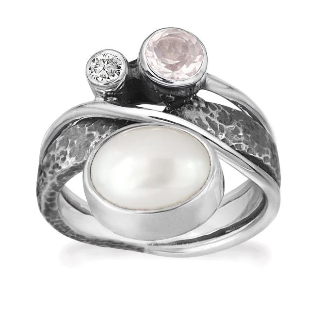 Sølv ring med stor perle og rosenkvarts Rabinovich