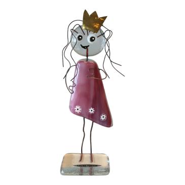 Glas figur prinsesse med krone og lyserød kjole , højde ca. 12 cm