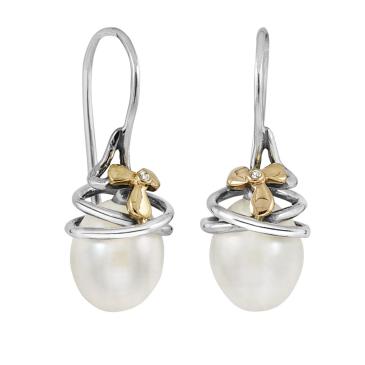 Sølv ørehænger med hvid perle, guldblomst og 0,005 ct diamant Rabinovich Golden Flower  