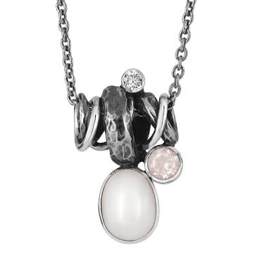Halskæde hvid perle, rosenkvarts, viklet sølv Rabinovich