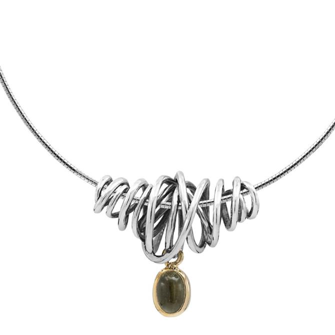 Sølv halskæde med viklet sølv, guld og moldavit Rabinovich smykker