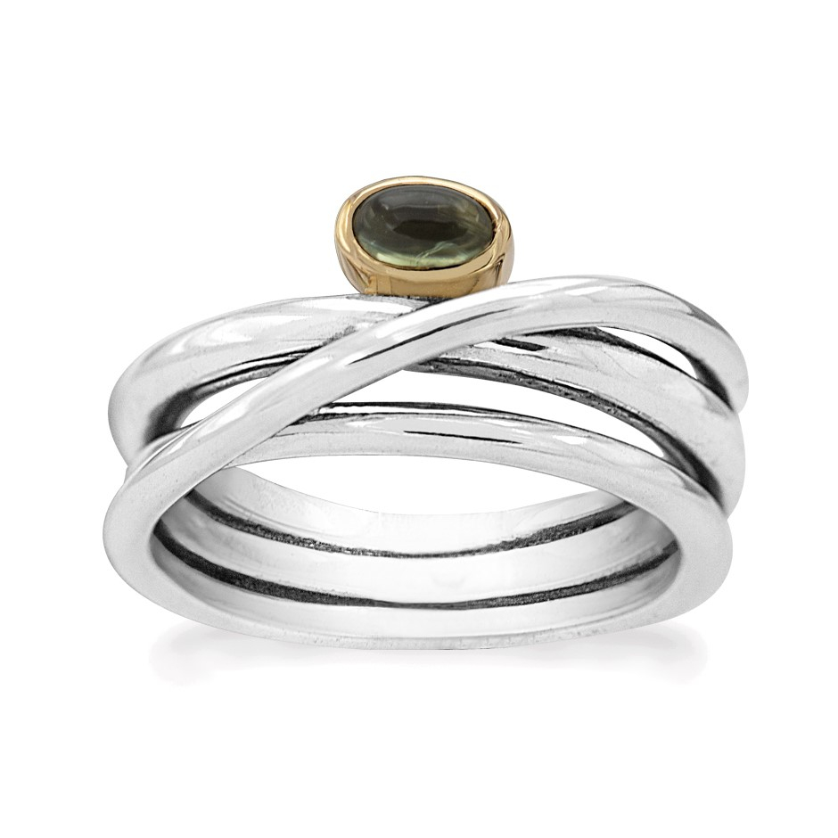 Se Rabinovich - Sølv ring med guld og moldavit - Moss - størrelse 57 hos De 9 Muser