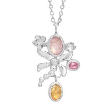 Sølv halskæde, rosenkvarts, citrin, pink topas, Dragonfly Rabinovich smykker