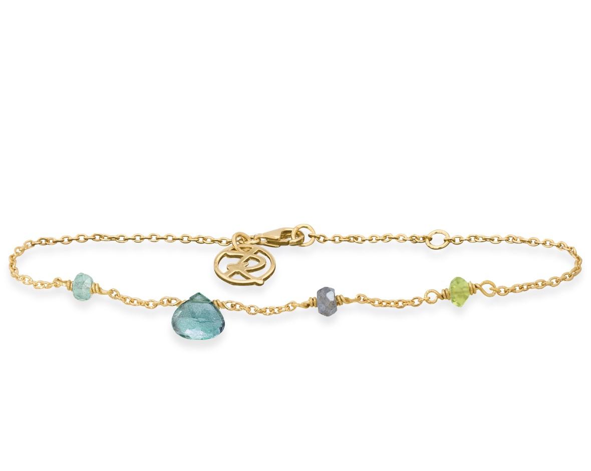 Forgyldt armbånd med grøn kvarts, grøn turmalin, flourit, peridot. Rabinovich design smykker.