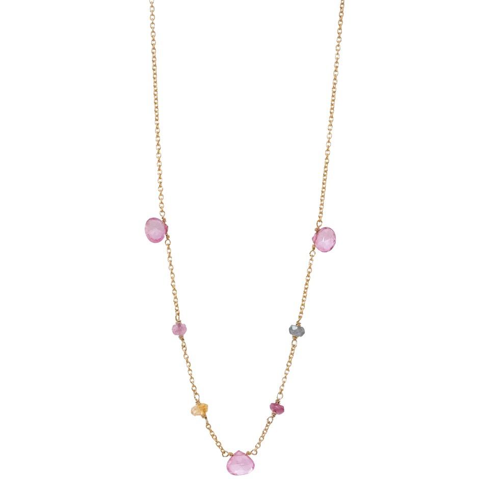Forgyldt halskæde med pink turmalin, grøn turmalin, pink topas, citrin. Rabinovich design smykker til kvinder.
