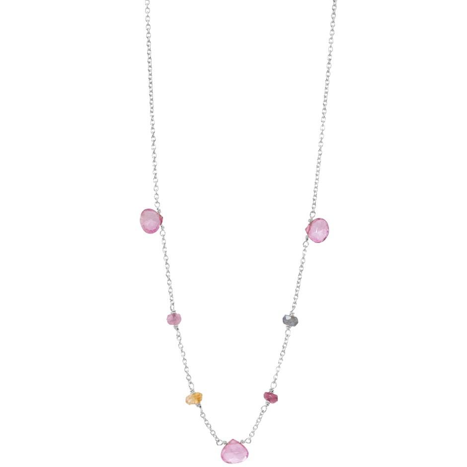 Sølv halskæde med pink turmalin, grøn turmalin, pink topas, citrin, længde 42/45 cm. Rabinovich design smykker til kvinder.