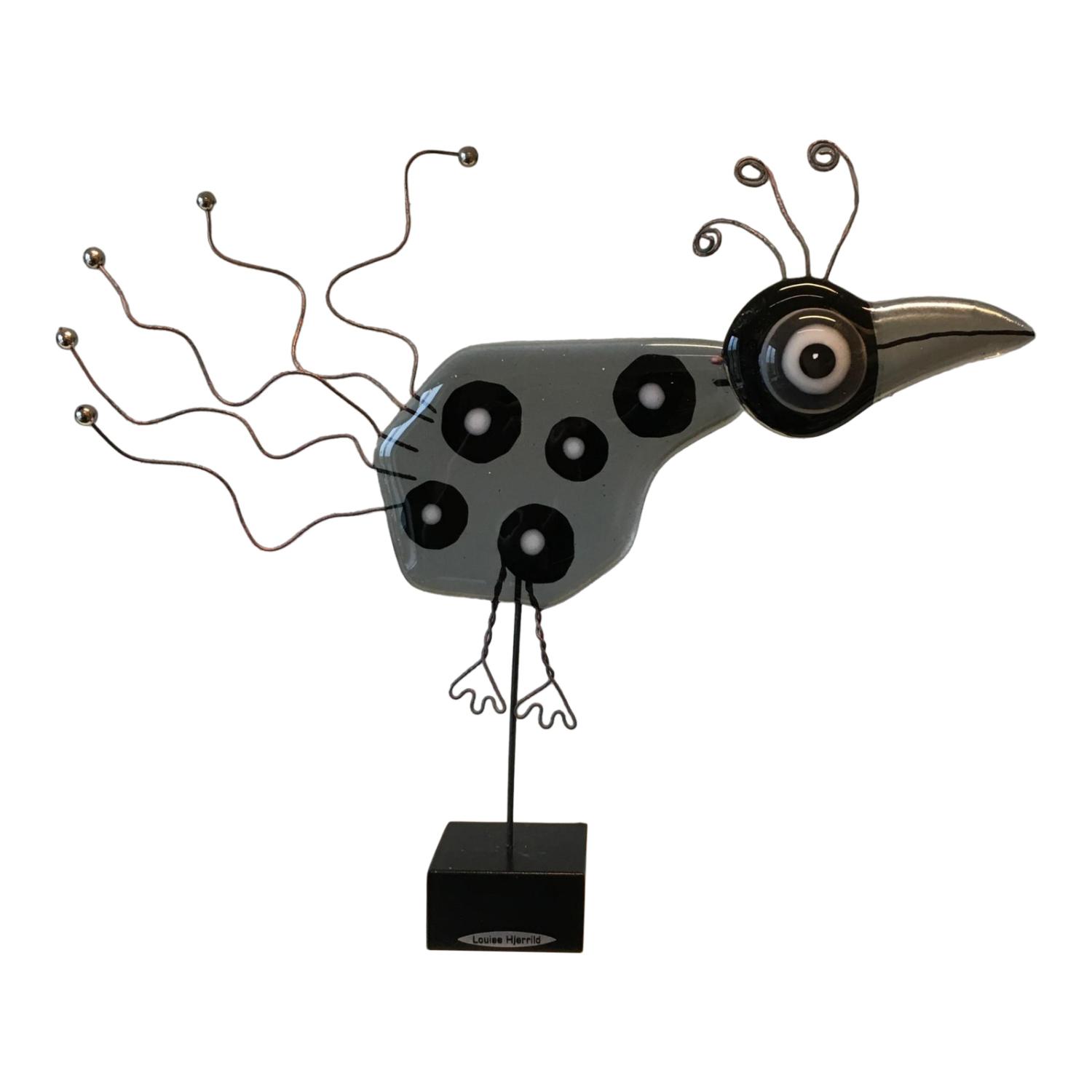 Glasfugl med dots sort og grå, højde ca. 14 cm. Håndlavet glasfigur. Gaveide med hurtig levering.